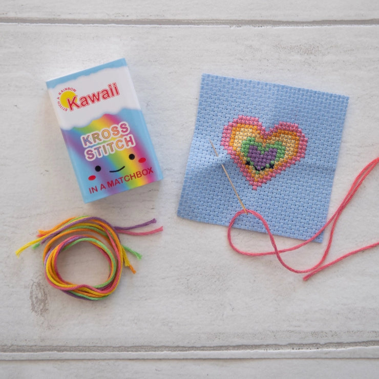 Kawaii Rainbow Heart Cross Stitch Kit - Mini Cross Stitch in a Matchbox