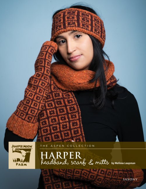 Harper headband, scarf & mitts pattern for Saxony yarn from the Aspen Collection from Juniper Moon Farm