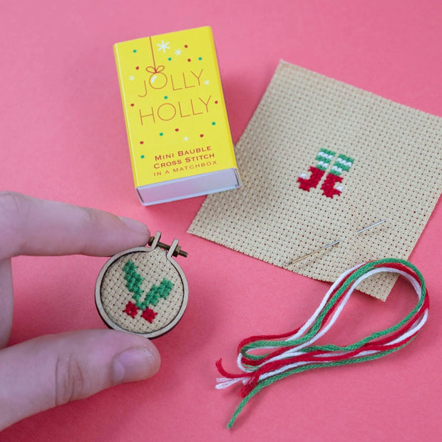 Christmas Bauble Jolly Holly - Mini Cross Stitch in a Matchbox