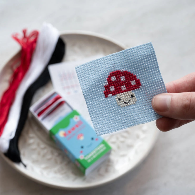 Kawaii Toadstool Cross Stitch Kit - Mini Cross Stitch in a Matchbox