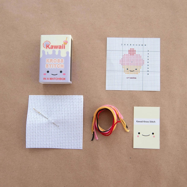 Kawaii Cupcake Cross Stitch Kit - Mini Cross Stitch in a Matchbox