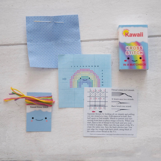 Kawaii Rainbow Arc Cross Stitch Kit - Mini Cross Stitch in a Matchbox