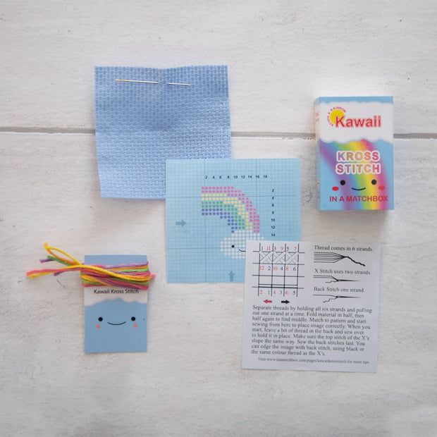 Kawaii Rainbow Cloud Cross Stitch Kit - Mini Cross Stitch in a Matchbox