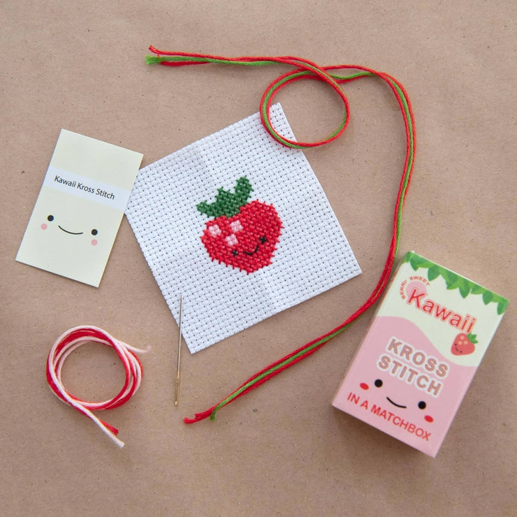 Kawaii Strawberry Cross Stitch Kit - Mini Cross Stitch in a Matchbox