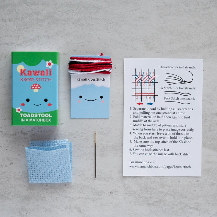 Kawaii Toadstool Cross Stitch Kit - Mini Cross Stitch in a Matchbox