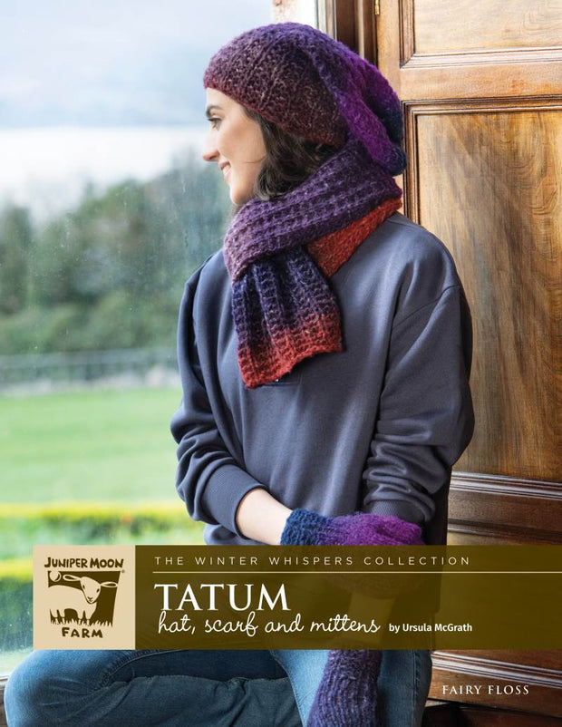 Tatum Hats, Scarf, and Mitten Pattern by Ursula McGrath for Juniper Moon Farm Fairy Floss Yarn