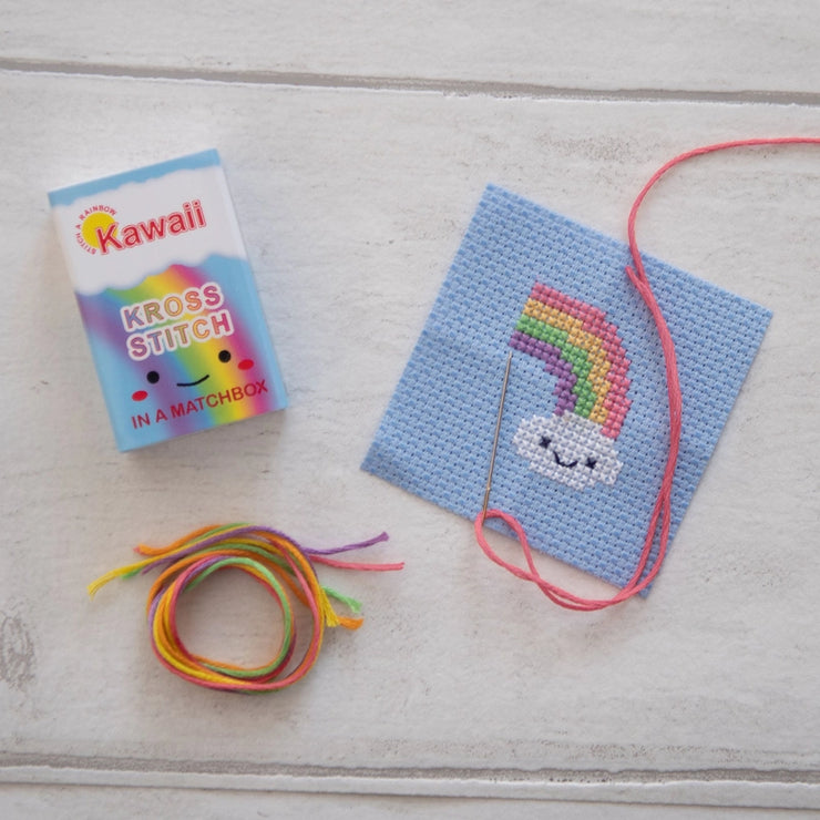 Kawaii Rainbow Cloud Cross Stitch Kit - Mini Cross Stitch in a Matchbox