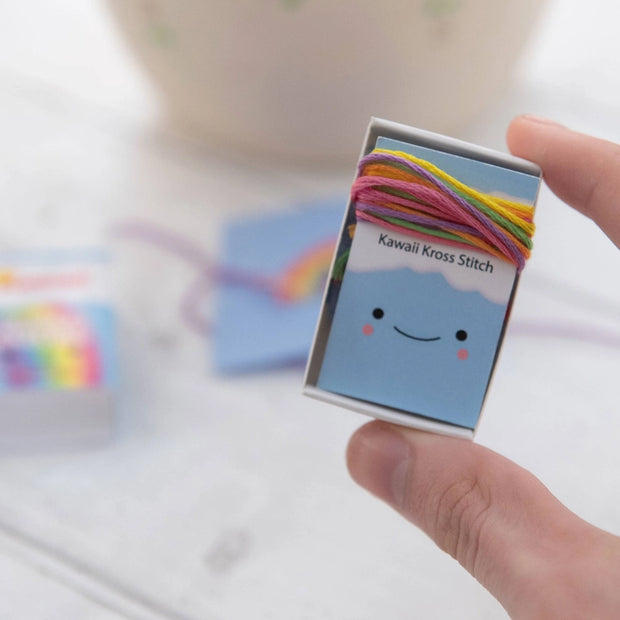 Kawaii Rainbow Cloud Cross Stitch Kit - Mini Cross Stitch in a Matchbox