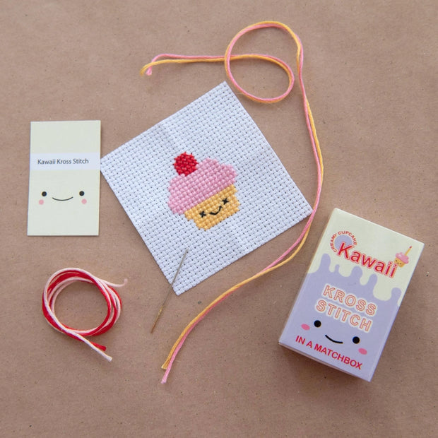 Kawaii Cupcake Cross Stitch Kit - Mini Cross Stitch in a Matchbox