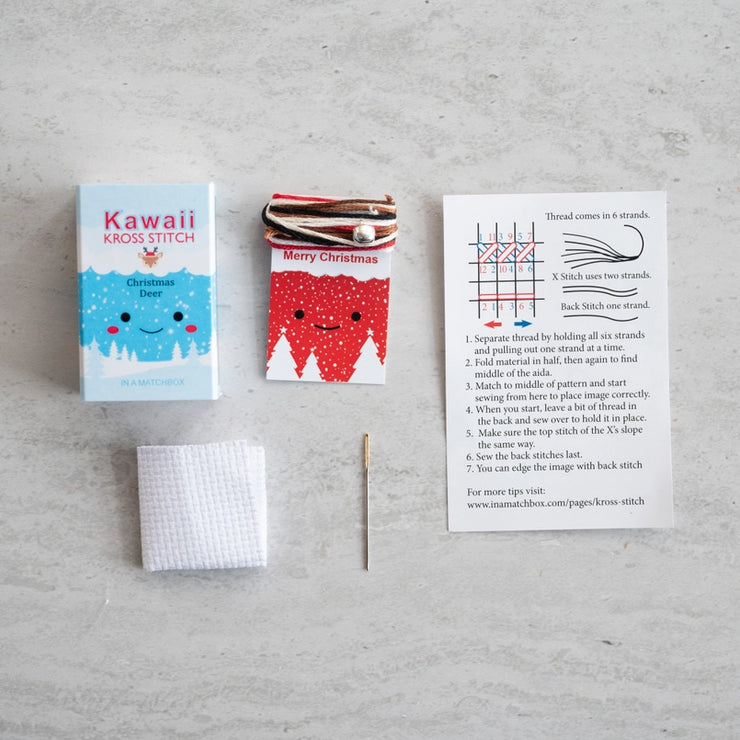 Kawaii Christmas Deer Cross Stitch Kit - Mini Cross Stitch in a Matchbox