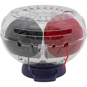 This large, multi-functional, clear globe provides an innovative and protective home for yarn and accessories. Features 6 yarn channels to feed smoothly from either side or front with even tension and no tangling, removeable ball tray to keep multiple balls of yarn separated for colorwork or to accommodate large yarn skeins, and freely rotating yarn spindle allows suspended cones or cakes to rotate smoothly. Hinged lid locks to keep yarn secure and clean, away from dirt and curious pets. This 9x6.5x7.75 inc